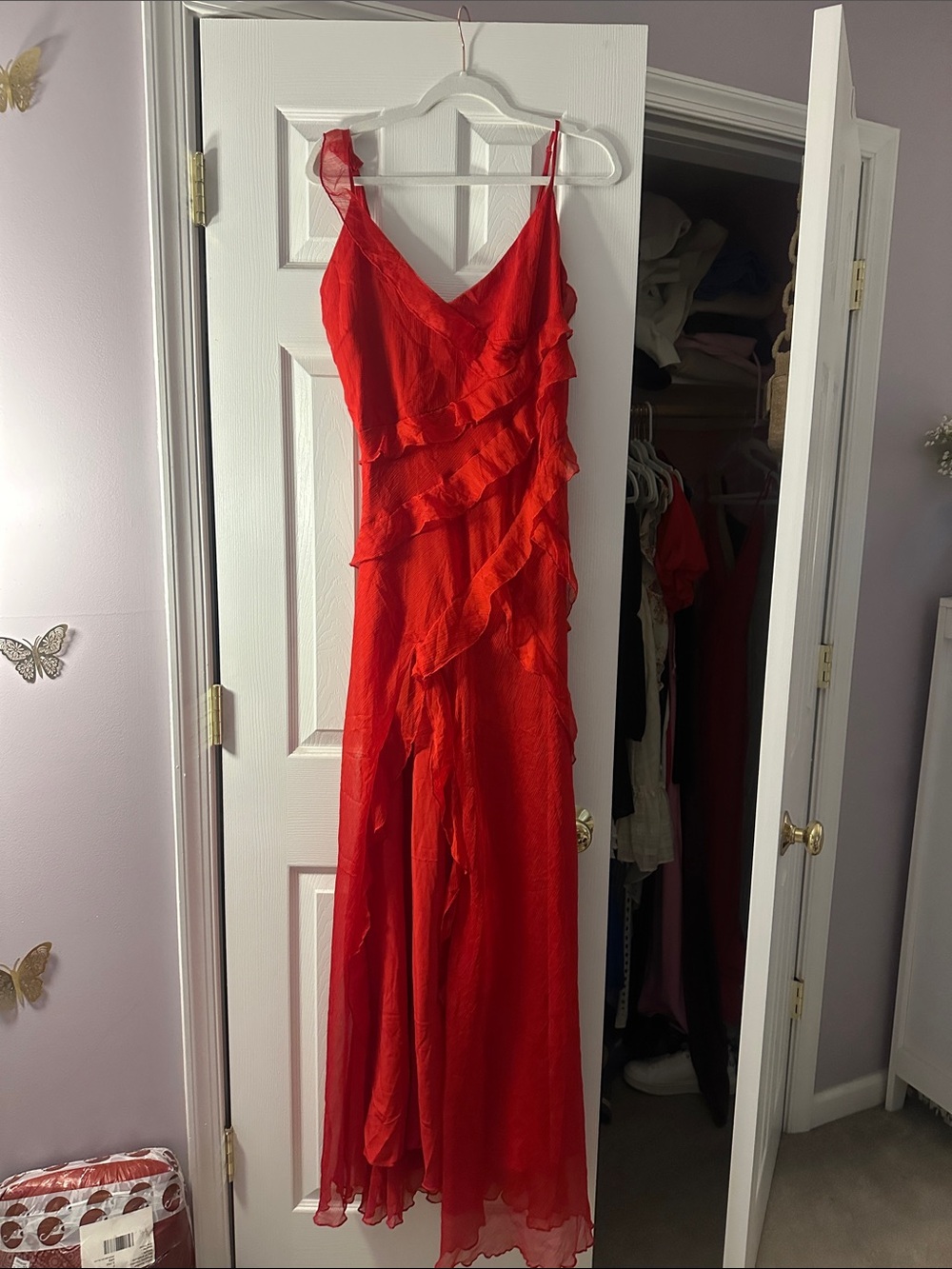 Lulu's Red Ruffle Maxi Dress with Slit and Low Back